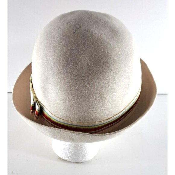 Women's Vintage Adolfo Realites Hat Bowler White Felt Striped Rainbow Brim Bow S - Picture 5 of 10